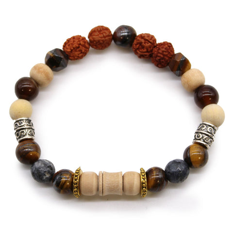 Tri Hita Karana Bangle, Acceptance, shown alone in a circular arrangement with cream, brown and grey beads