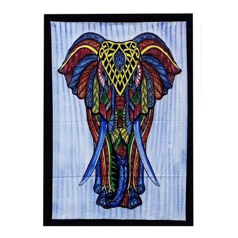 Handbrushed Cotton Wall Art, Elephant, full view of a colourful elephant design with a black border