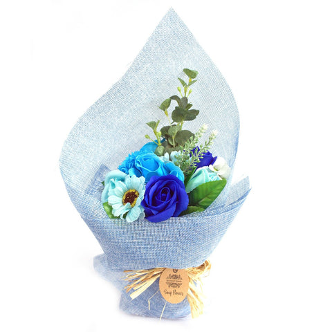 Standing Soap Flower Bouquet, Blue, upright with blue and white flowers in pale blue wrapping