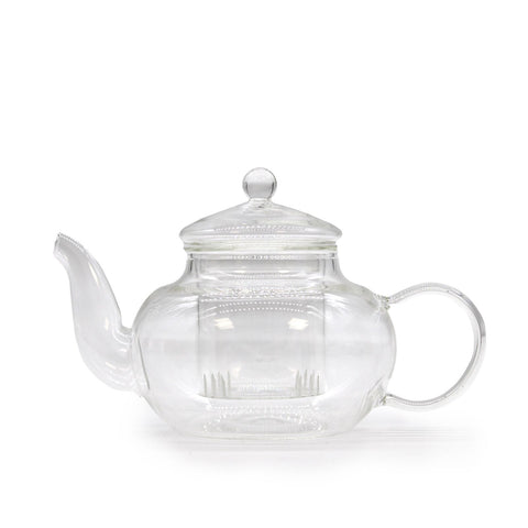 Round Pearl glass teapot with lid and visible inner infuser, shown from the front on white