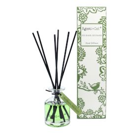 140ml Reed Diffuser, Rhubarb Rhubarb in a green glass bottle with black reeds beside its patterned box