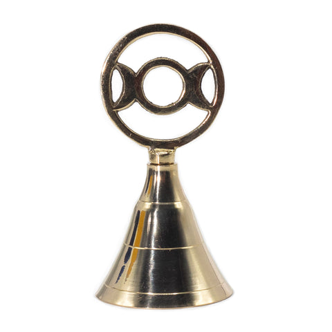 Altar Brass Bell, Three Moon, polished gold-coloured bell shown upright against a plain white background