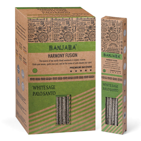 Banjara White Sage Palo Santo incense box and pack with sticks laid in front