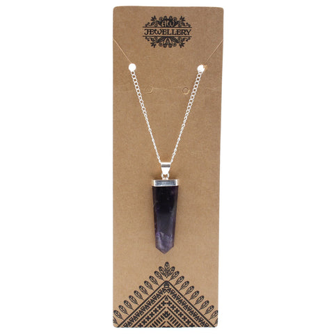 Gemstone Flat Pencil Pendant, Amethyst on a silver-coloured chain, displayed on a brown jewellery card