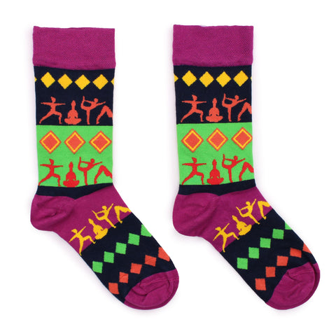 Yoga pose socks laid out as a pair, showing magenta cuffs and patterned fronts