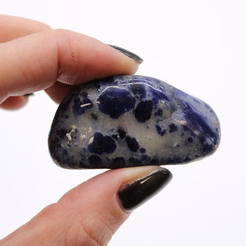 Medium African Tumble Stones, Sodalite, Pure Blue held between fingers, showing its mottled blue and white surface