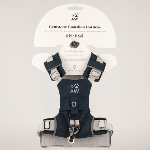 PAW rock grey dog harness with black obsidian paw charm, front view