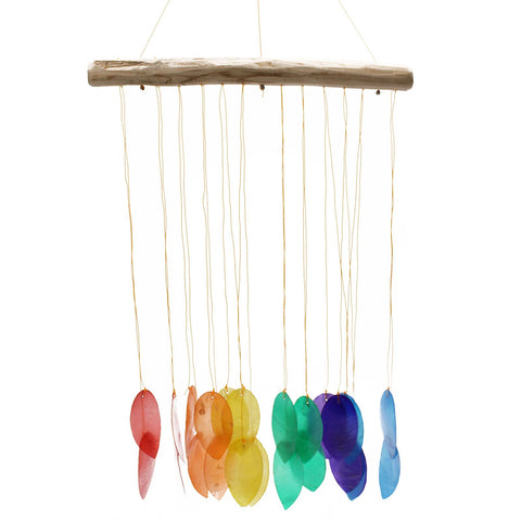 Rainbow Large Leaf Chime with rainbow-coloured leaf shapes hanging from a driftwood bar, shown full length