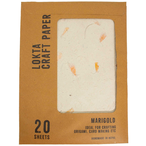 Lokta craft paper pack shown from the front, with cream sheets visible through a window in brown packaging