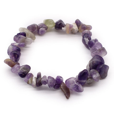 Chipstone Bracelet, Amethyst, loop of irregular purple and pale stones shown from above on white