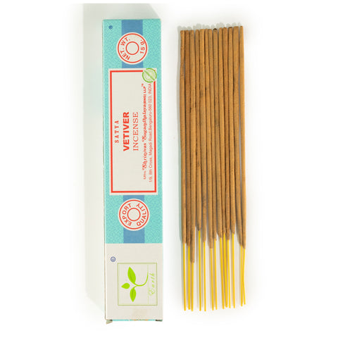 Satya Incense 15gm, Vetiver, turquoise box beside a neat row of brown incense sticks