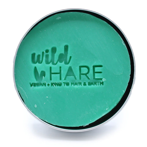 Wild Hare Solid Shampoo 60g, Aloe Vera, green round bar in an open silver tin, viewed from above