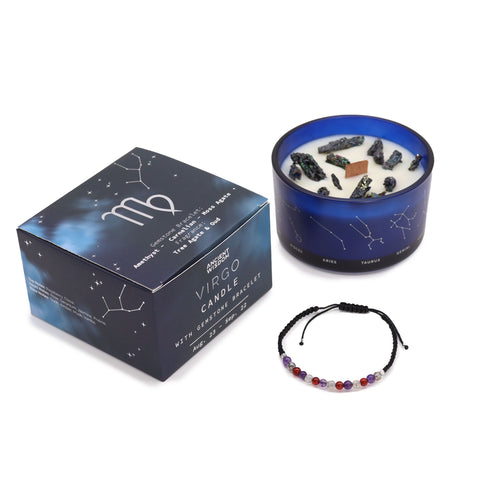 Virgo candle and closed gift box standing together with the gemstone bracelet in front
