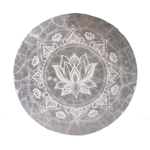 Medium Charging Plate 10cm, Lotus Mandala, round grey plate with a white lotus design, viewed from above