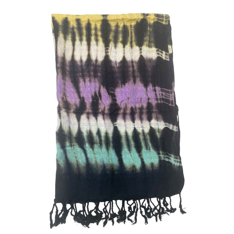 Boho Java Art Stole/Scarf, Multi Stripes, hanging flat to show yellow, purple, white and turquoise bands