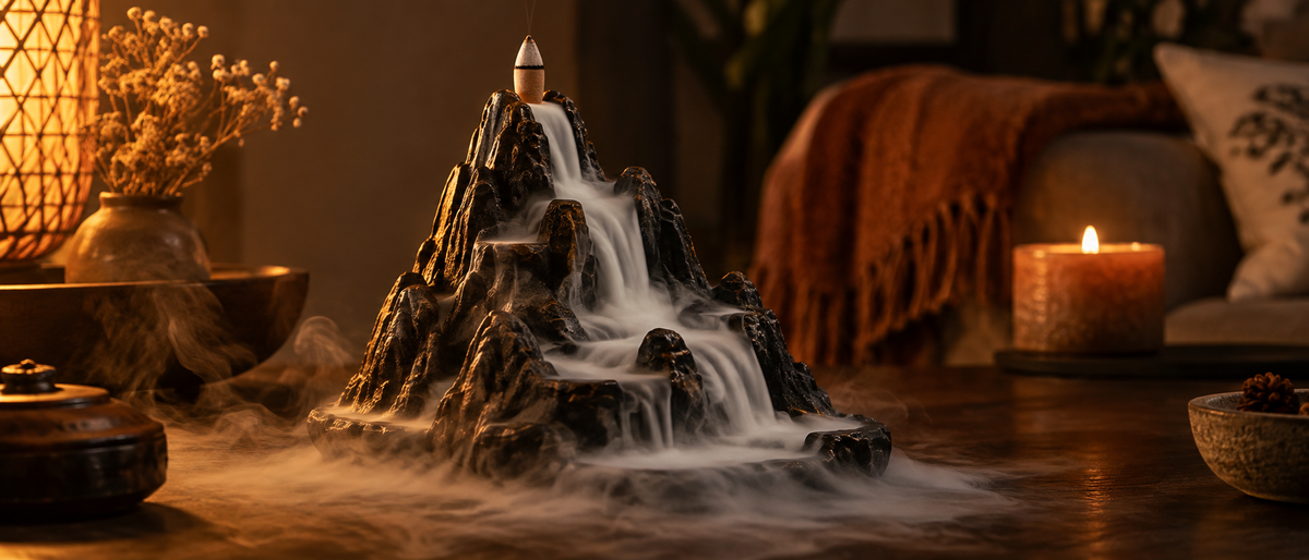 A glossy black ceramic backflow incense burner shaped like a small mountain range, on a plain white background.