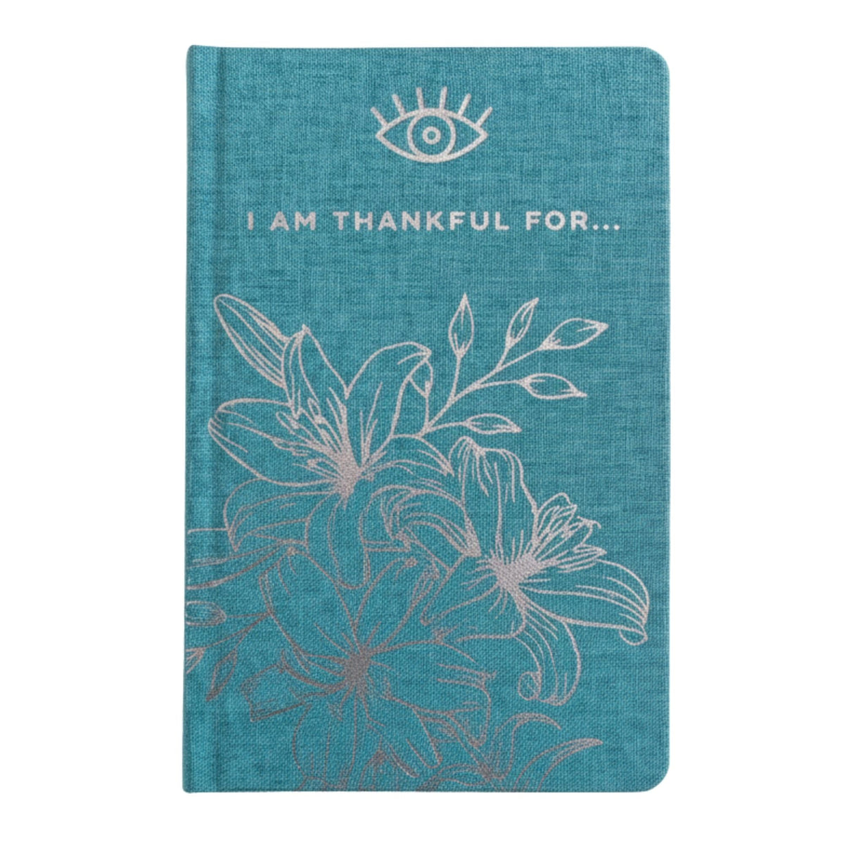 Blue gratitude journal with silver floral line art and the words 'I AM THANKFUL FOR...' on the cover.