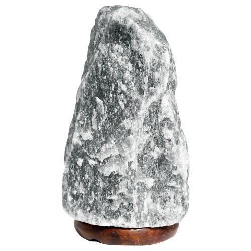 A grey salt lamp on a small wooden base against a white background.