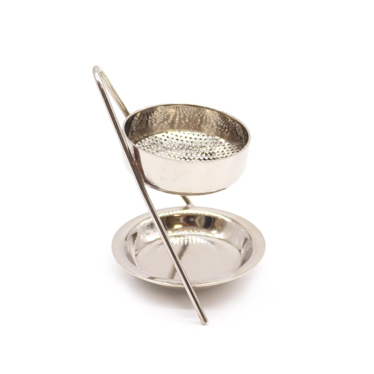Small silver incense warmer with a perforated bowl and round base on a white background.