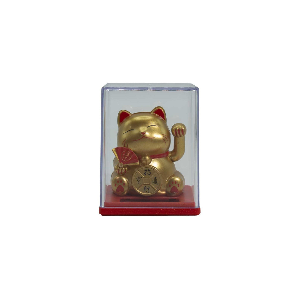 Gold beckoning cat figurine inside a clear plastic box on a red base.