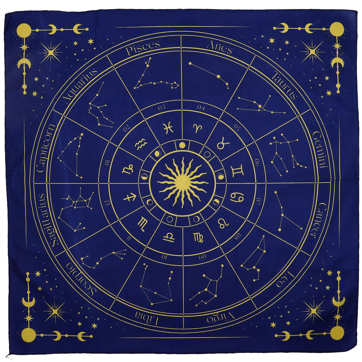 A folded navy blue tarot reading cloth printed in gold with a zodiac wheel, constellations and star signs, on a white background.