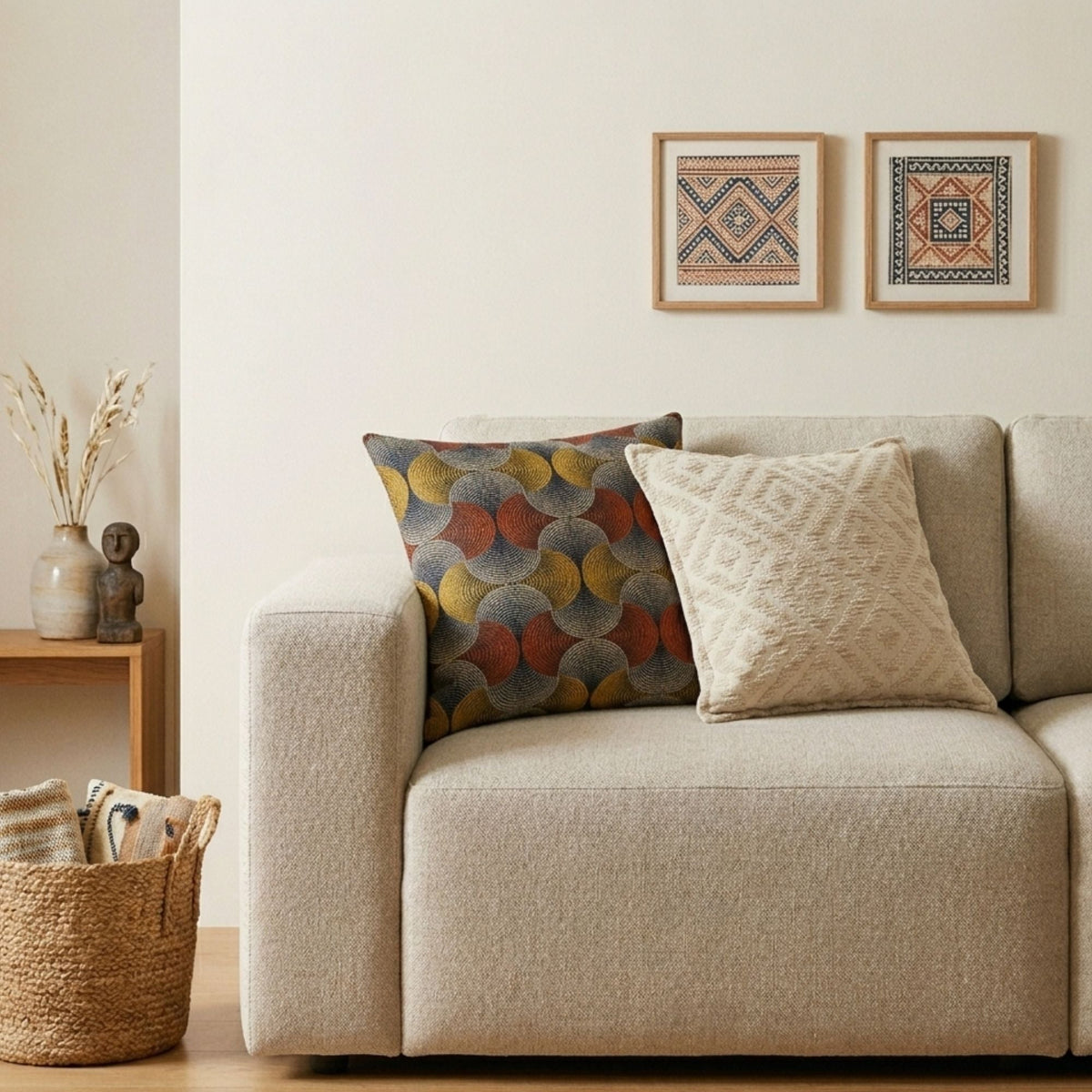 A beige sofa with two patterned cushions in a neutral living room.