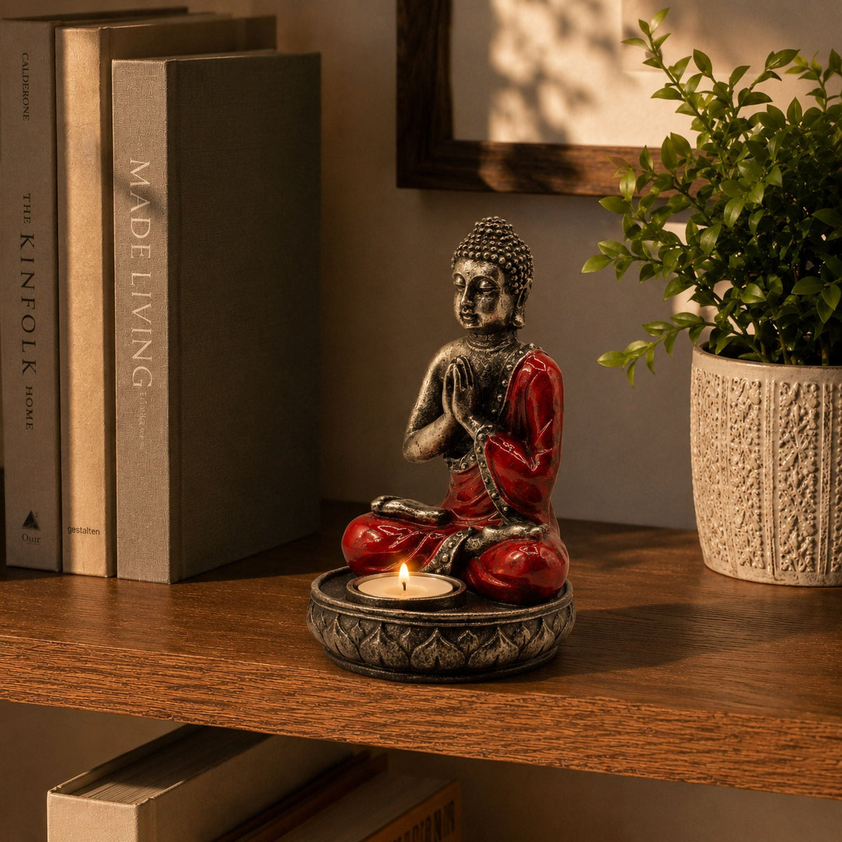 A red and dark Buddha candle holder on a wooden shelf with a lit tealight, books and a potted plant.