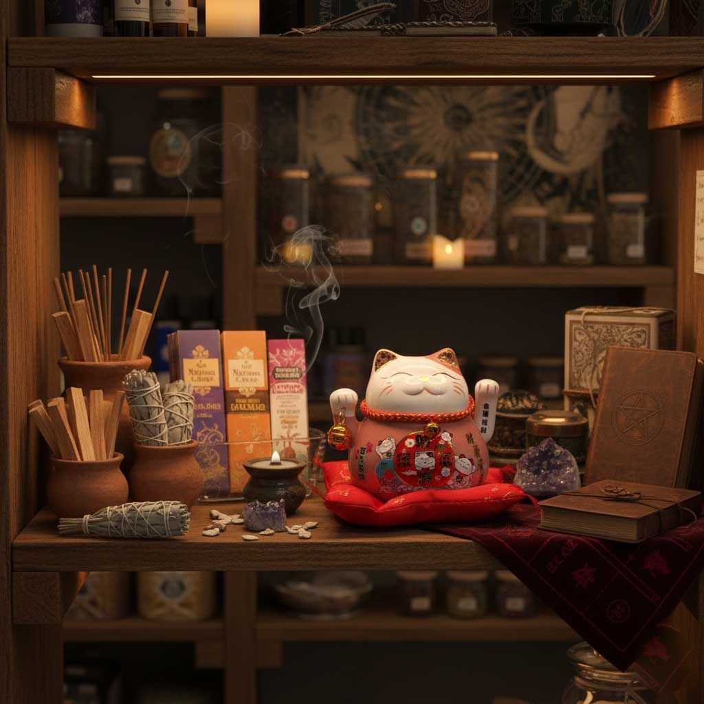 Small maneki-neko cat figurine on a red cushion on a wooden shelf among incense, boxes and decorative items.