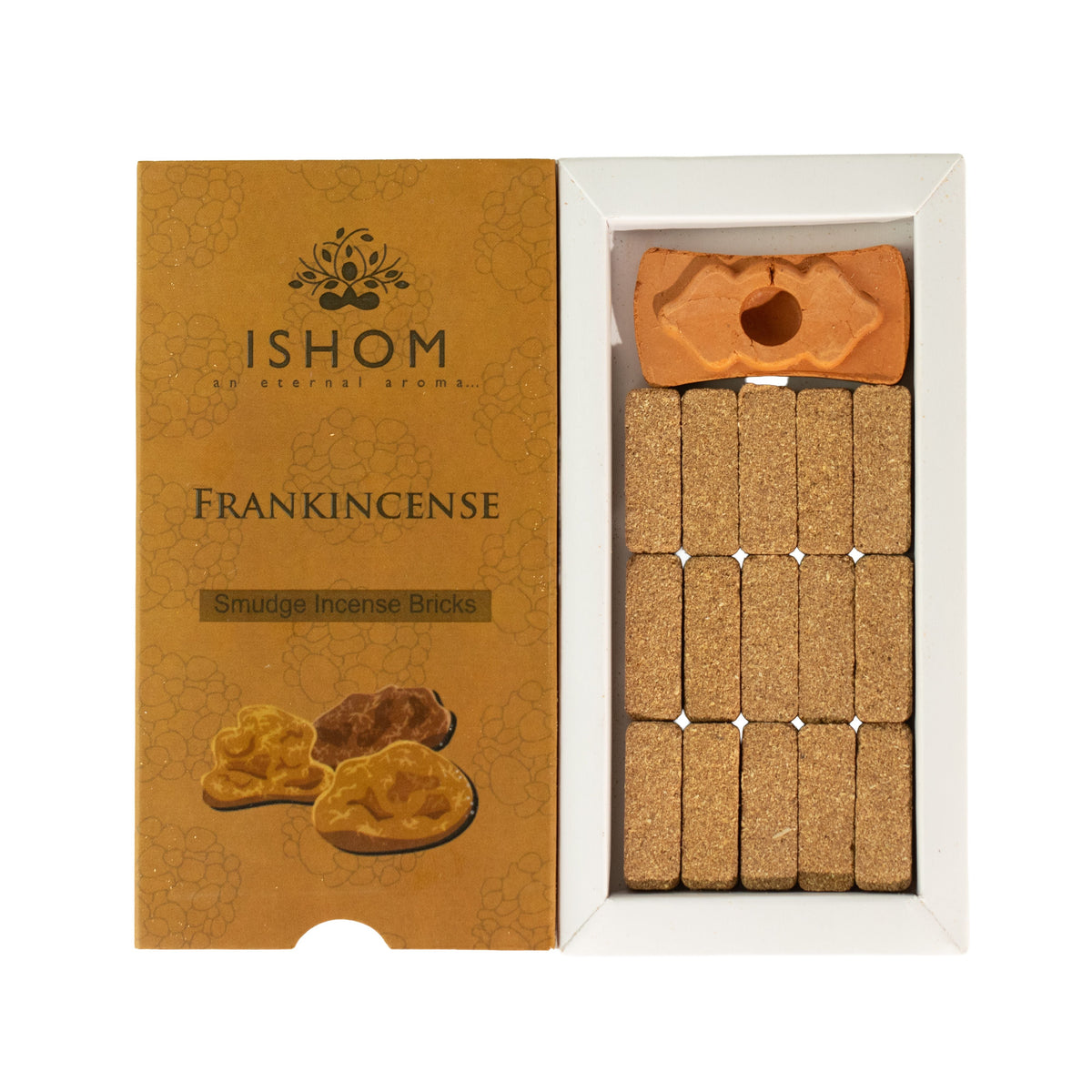 An open box of frankincense incense bricks with a small burner insert and fifteen bricks.