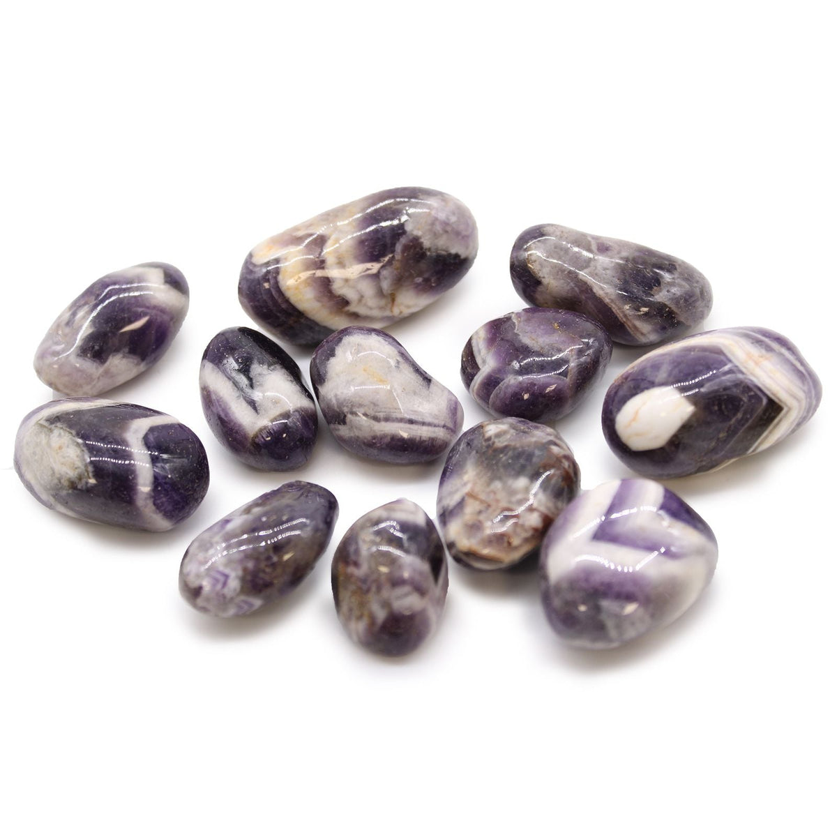 Ten polished purple and white tumble stones on a white background.