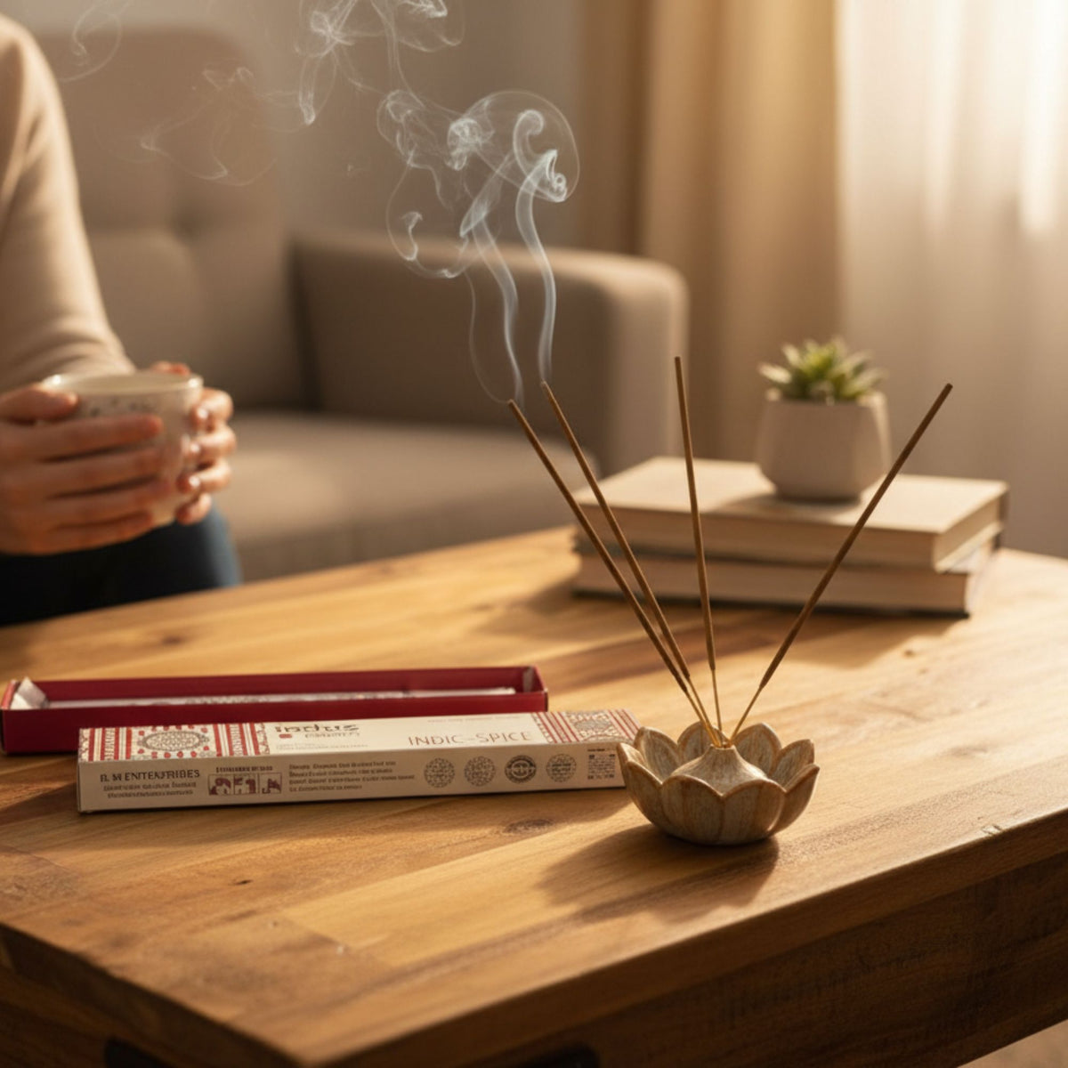 Lotus-shaped incense holder with smoking sticks on a wooden table beside an open box and a small plant.