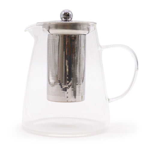 Glass Infuser Teapot, Flask Shape, 950ml, clear glass with a metal infuser and lid, shown from the front