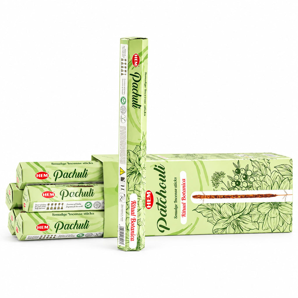 HEM Patchouli incense packs shown upright and stacked