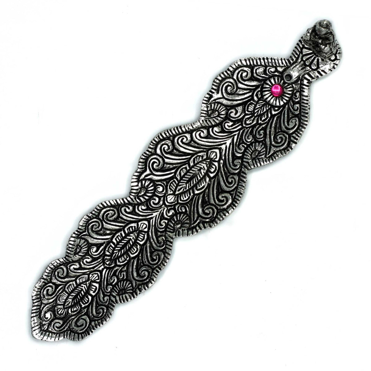Polished Aluminium Buddha Long Incense Holder 20cm, ornate silver design with a red detail on white