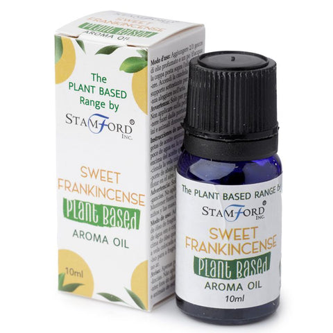 Plant Based Aroma Oil, Sweet Frankincense in a blue bottle beside its printed white box