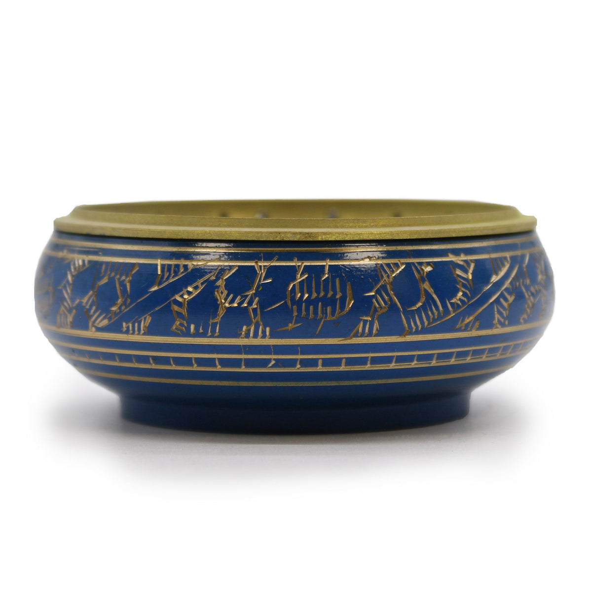 Chakra Charcoal Incense Jar, Third Eye, blue with gold detailing, shown from the front