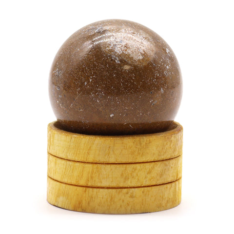 Gemstone Sphere 40mm, Ocean Agate with Stand, brown speckled sphere on a round wooden stand