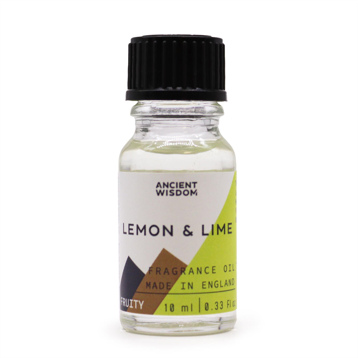 Lemon and lime fragrance oil bottle upright on a white background, showing its green and white front label