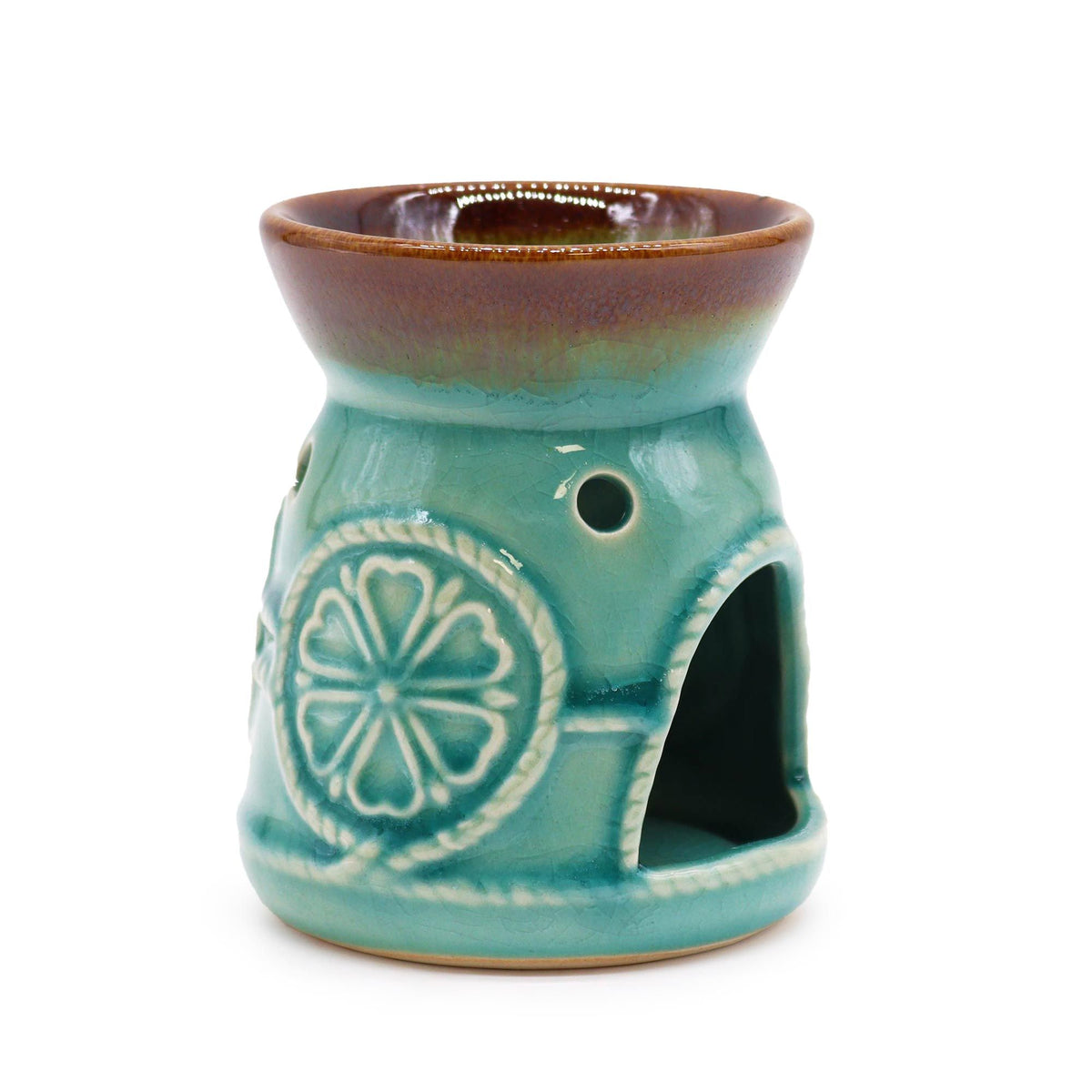 Classic Spa Burner, Turquoise, glazed ceramic burner with brown dish, floral pattern and arched opening