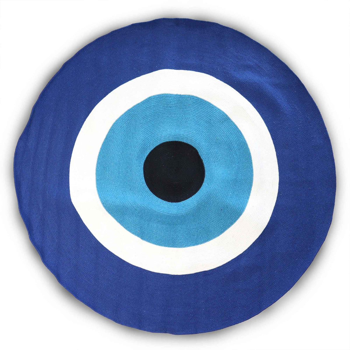 Round evil eye rug shown from above against a plain white background, with concentric blue rings
