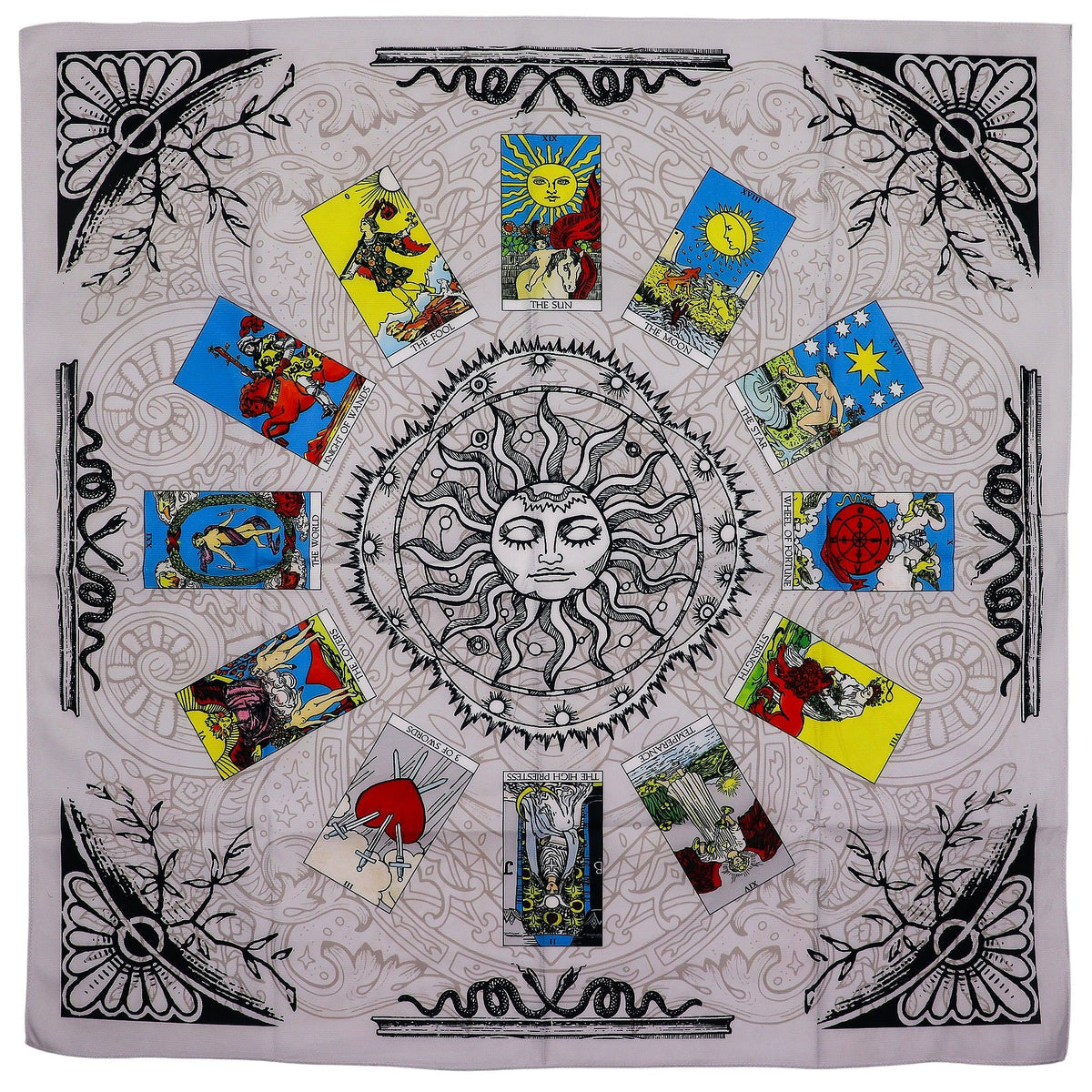 Tarot Reading Cloth, Tree of Life, pale cloth laid flat with a central sun and tarot cards around it