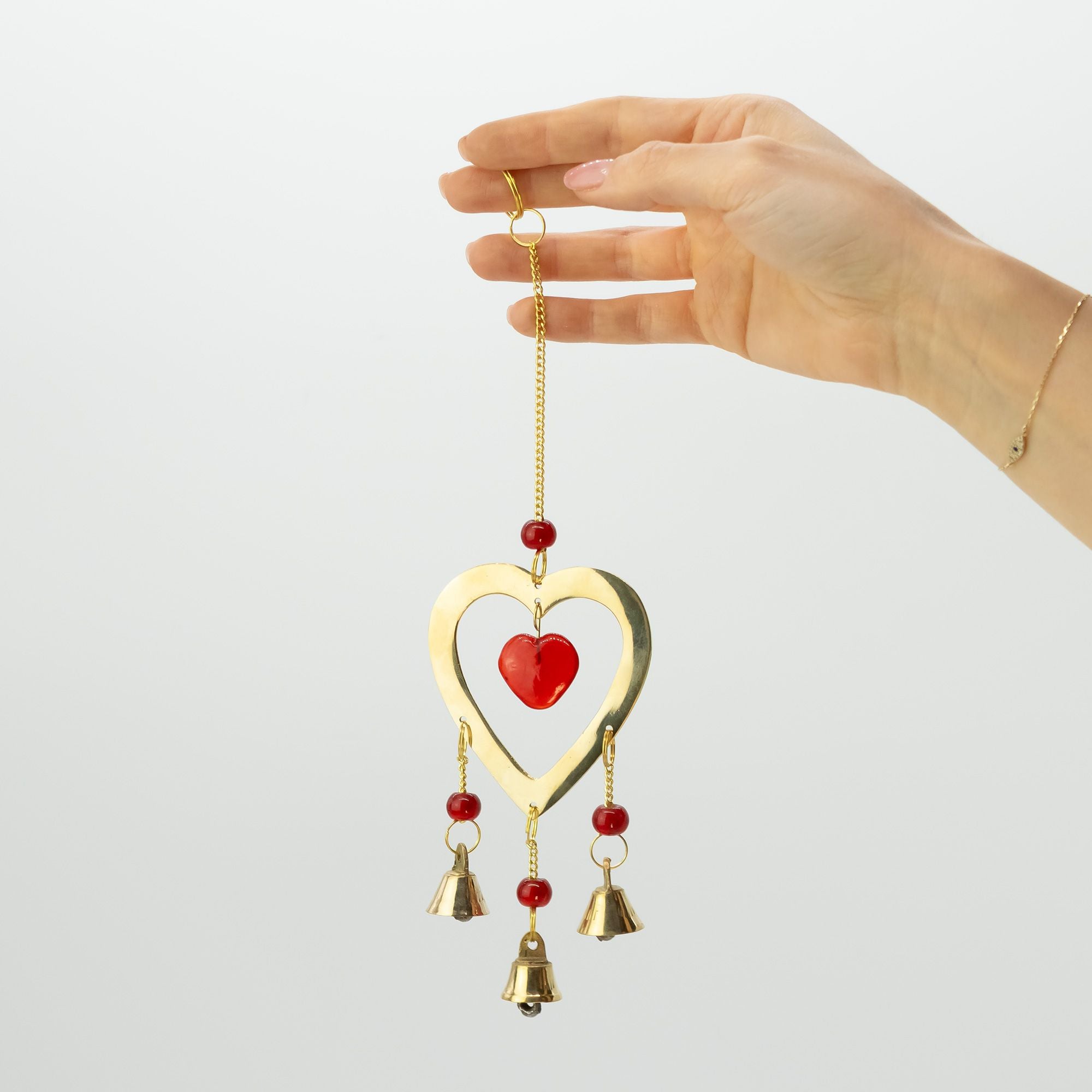 Indian Chimes - Brass With Ruby Glass Heart Beads - 3 Bells