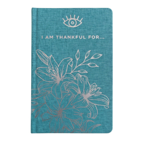 Blue Gratitude Journal with Silver Lining, 120 pages, I am Thankful For, turquoise front cover with floral line art
