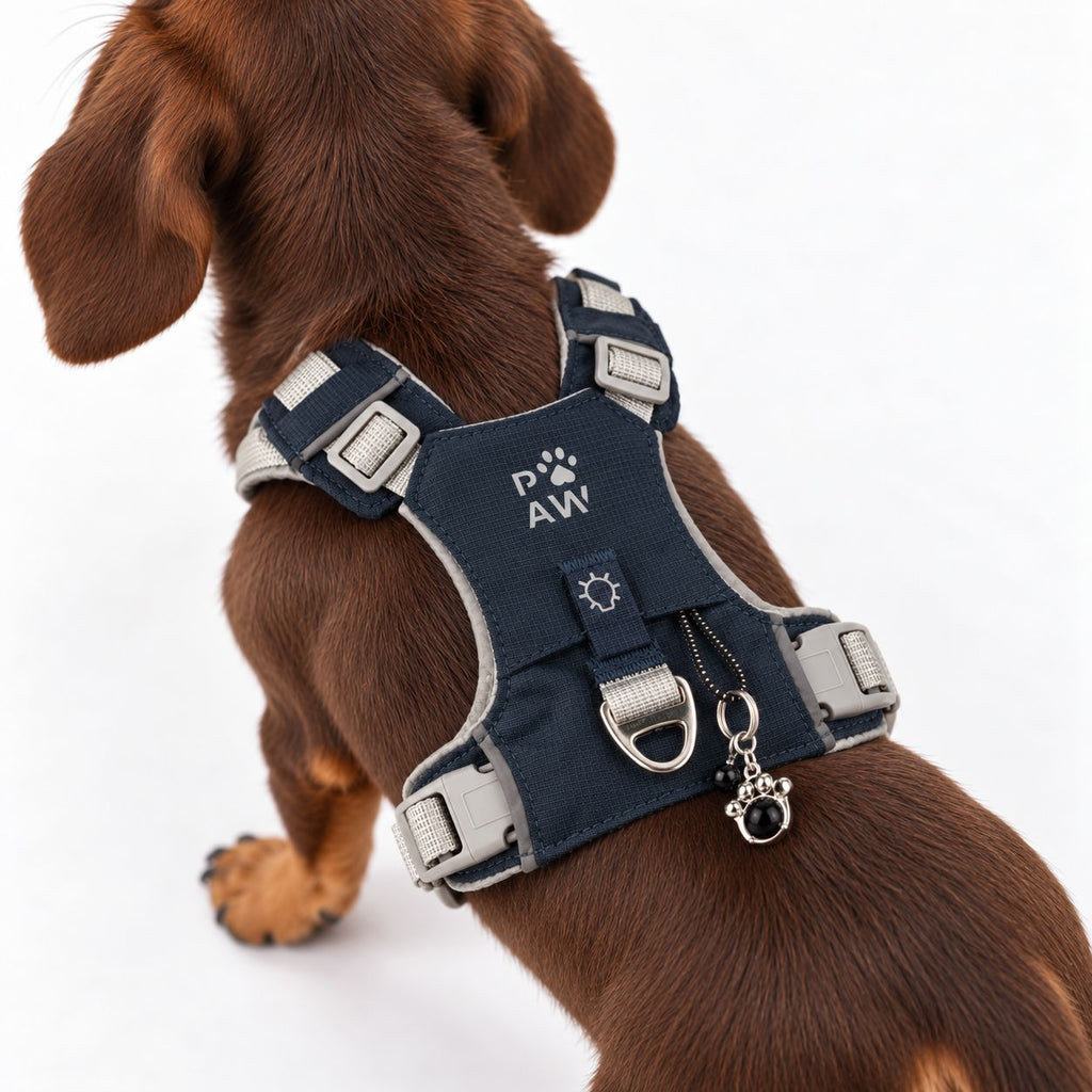 Small dog wearing the PAW harness, viewed from behind