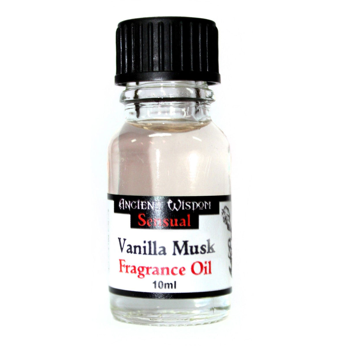 10ml Vanilla Musk Fragrance Oil in a clear bottle with a black cap and white label, shown from the front