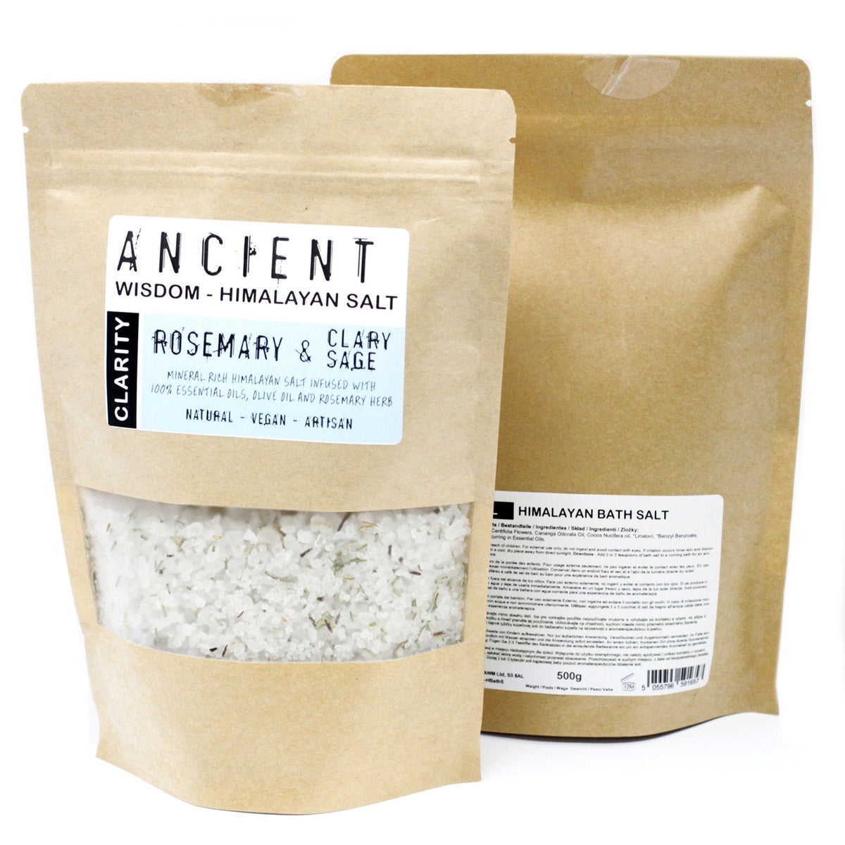 Himalayan Bath Salt Blend 500g, Clarity in kraft pouches, front window and rear label visible