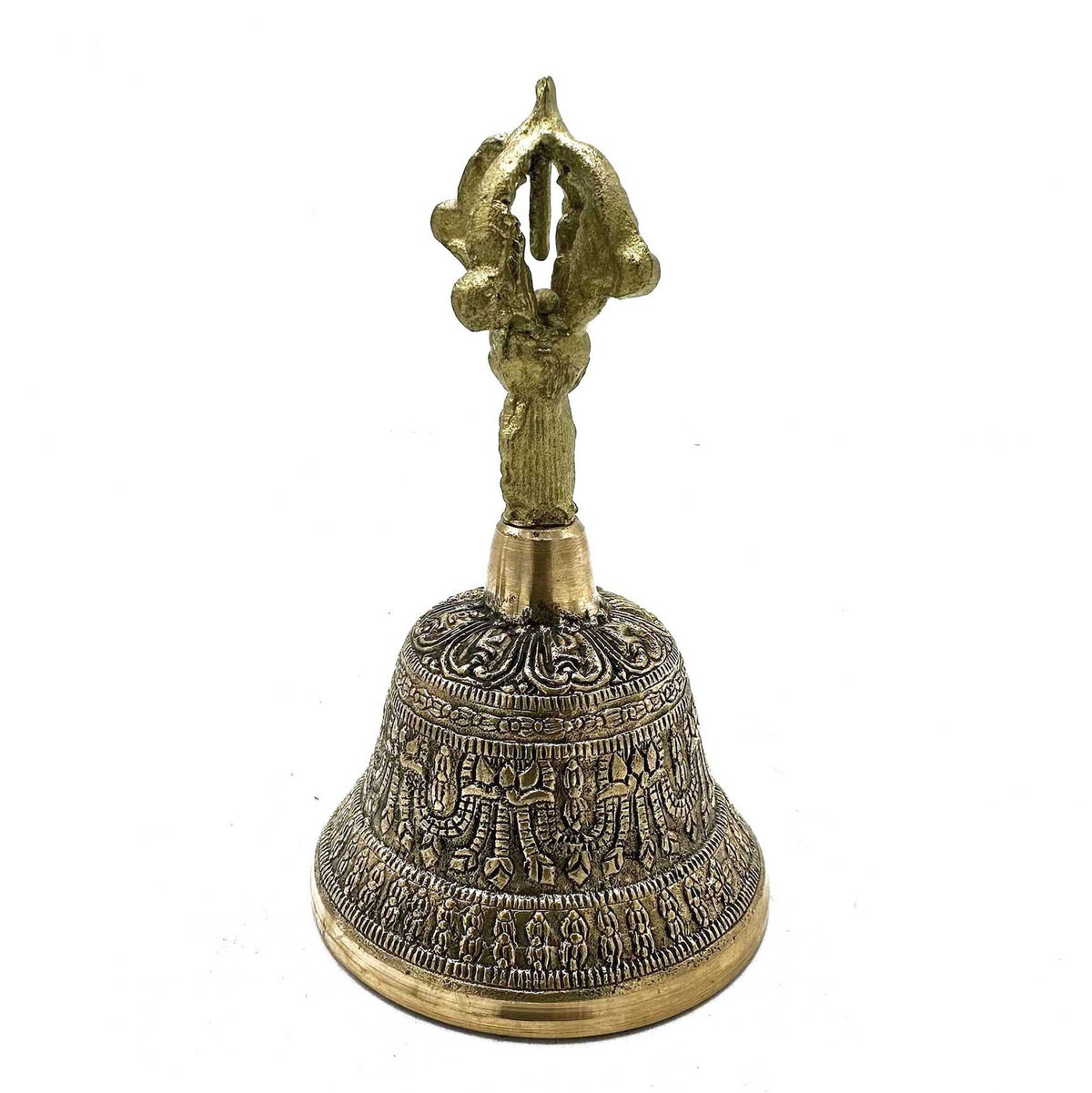 Large Tibetan Tingsha Bell, ornate gold-toned bell shown alone from the front on a white background