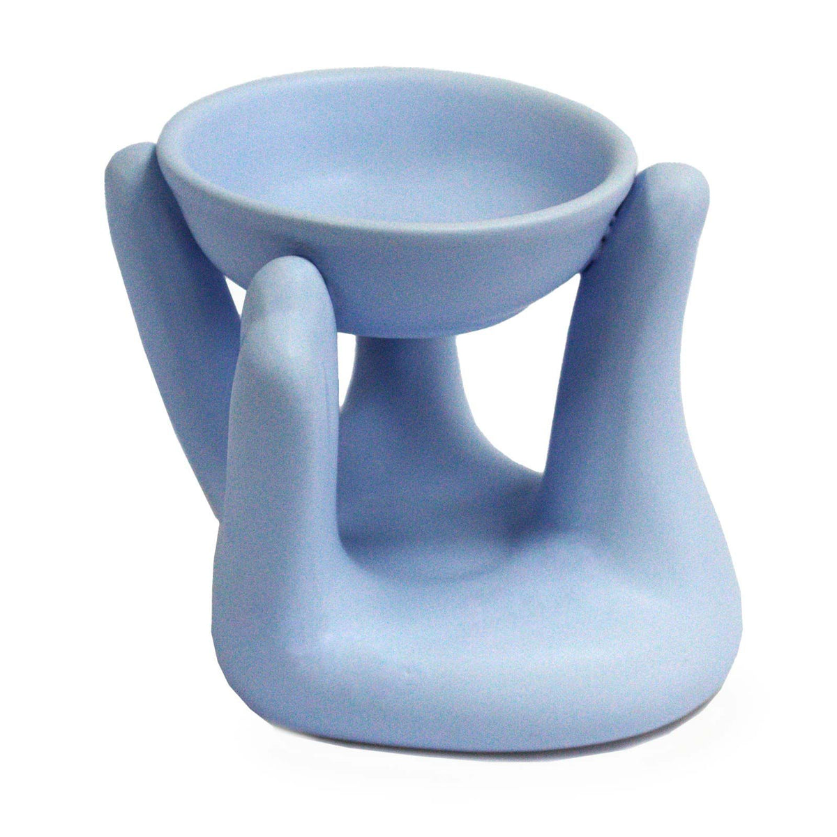 Open Hands Oil Burner, Blue, sculpted hands support a shallow bowl, shown from the front on white