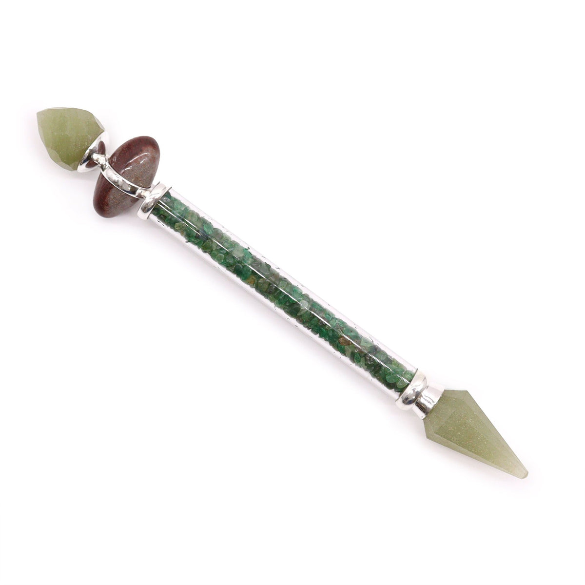 Shiva Lingam Magic Wand, green stone wand with a dark red oval centre and pale green pointed ends