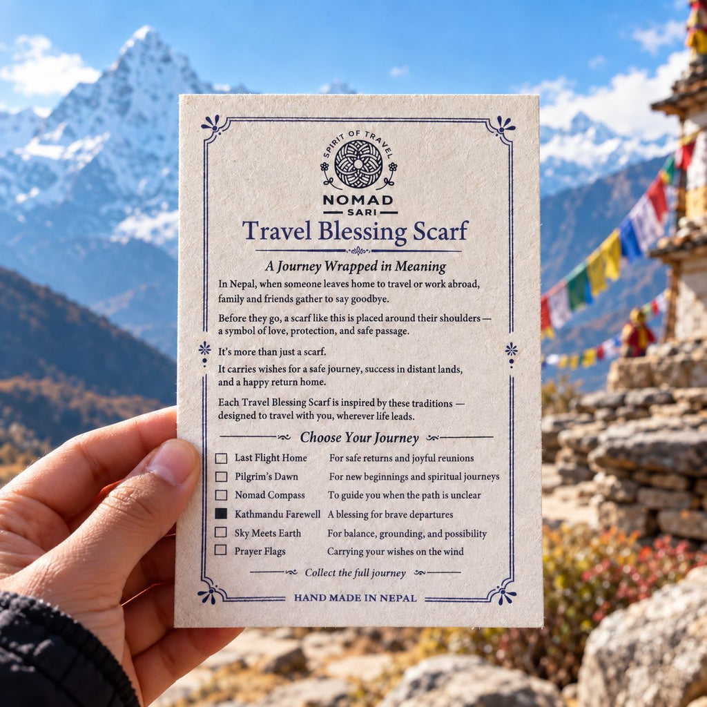 Travel Blessing Scarf card held against a mountain backdrop